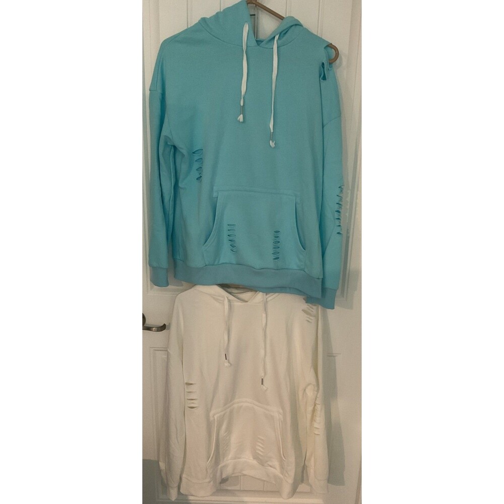 EUC Unbranded X2 Pullover Hoodie/Sweatshirts Aqua & White Kangaroo Pocket Sz L